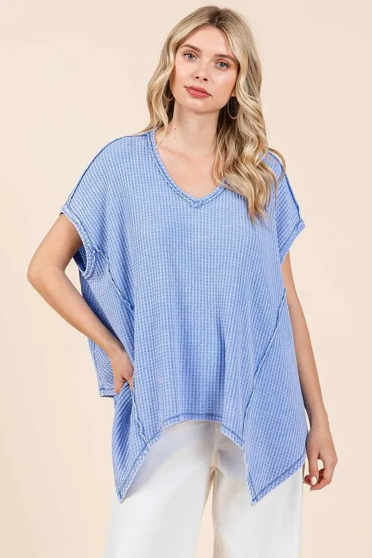 Mittoshop Mineral Wash Waffle Knit Pointed Hem Oversized Top Light Blue 6a2ed13e-5dd0-49df-bb87-69220fd521da-Max