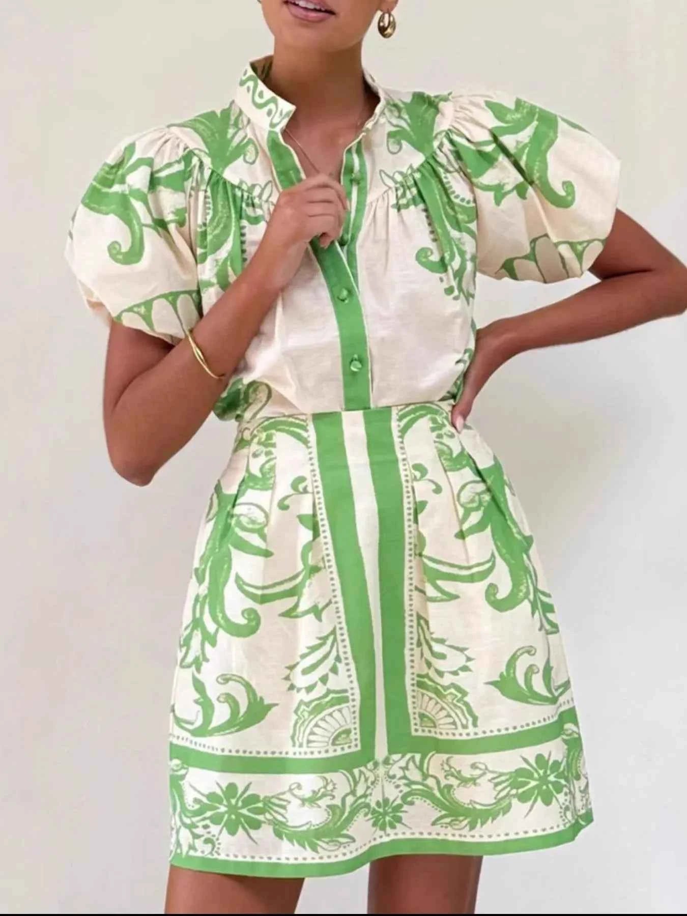 Printed Puff Sleeve Top and Skirt Set Light Green 6a310b66-d1a5-4c6a-b83f-cc604202b1fa-Max-Origin