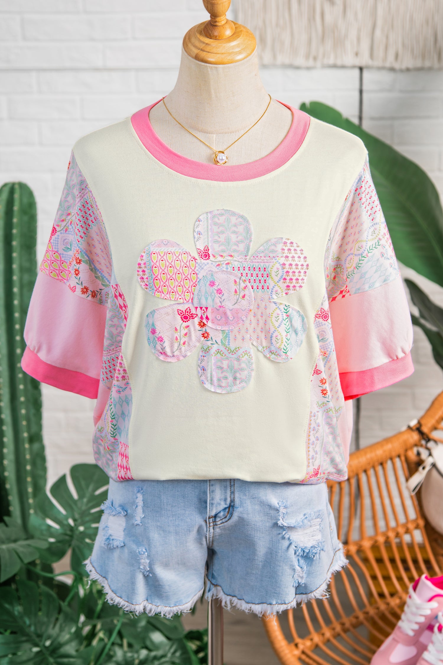 Beige Color Block Floral Patchwork Big Flower Accent Relaxed Top 6a330743332038cc