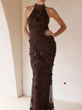 Floral Applique Halter Neck Maxi Dress Brown 6a3d129e-991c-4d20-9702-5e1d159bc842-Max-Origin