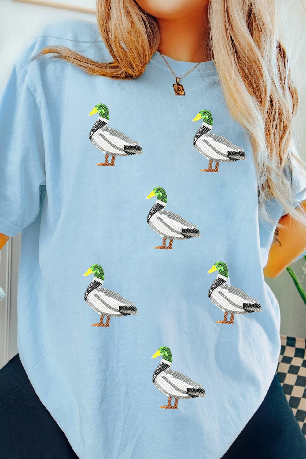 Light Blue Mallard Duck Graphic Sequins Patch Casual Tee 6a41b4d2542efd2d