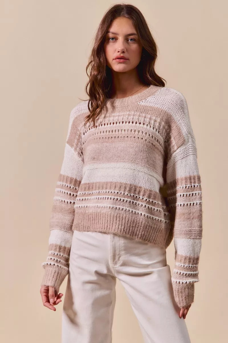 SO ME Variegated Stripe Textured Loose Fit Sweater TAUPE 6a429e9bf488456db9c671a6d3393ac2-Max-Origin