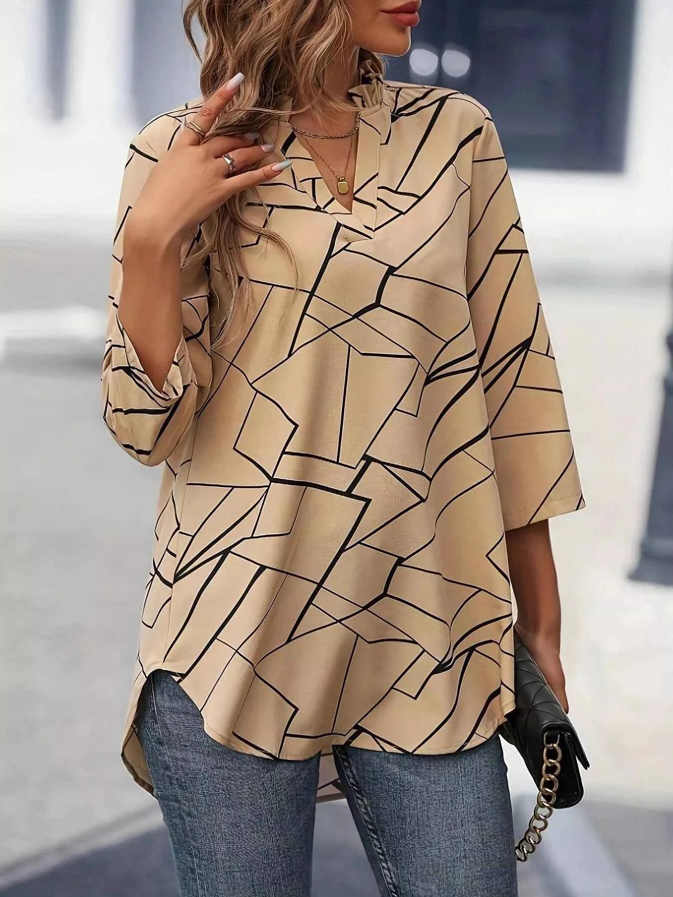 Notched 3/4 Sleeve Blouse 6a45677a1b31450aa87d1f3b2c3b8a21-Max-Origin