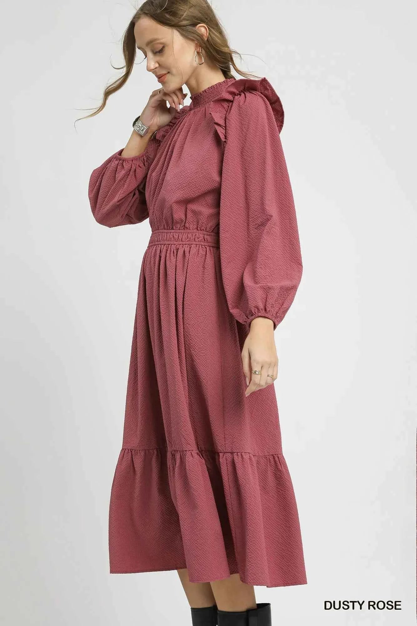 Umgee Textured Midi Dress with Ruffle Shoulder Detail 6a532905-2167-450c-bf7b-122e0f4680b8-Max-Origin