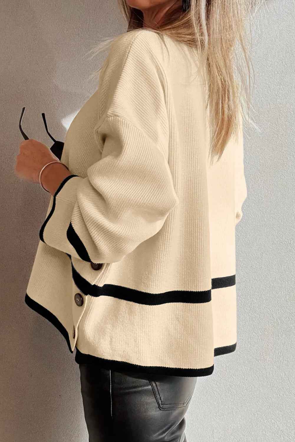 Beige Ribbed Knit Contrasted Stripe Detail Button Side Loose Sweater 6a5cc9e8171bb7ed