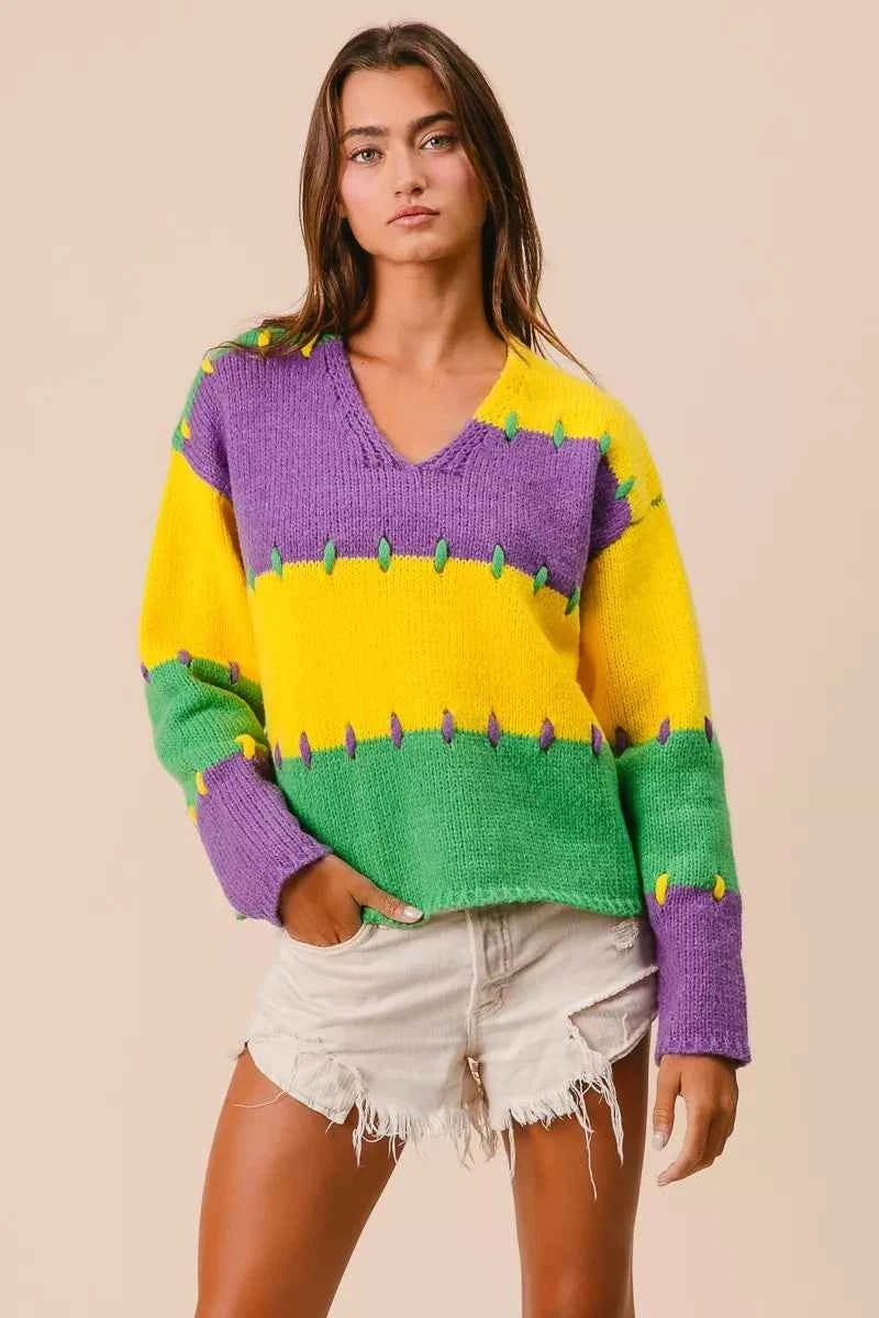 BiBi Stitch Detail Mardi Gras Stripes Sweater MARDI GRAS 6a5f69c815f24b38a76b366fd28ad3ff-Max-Origin