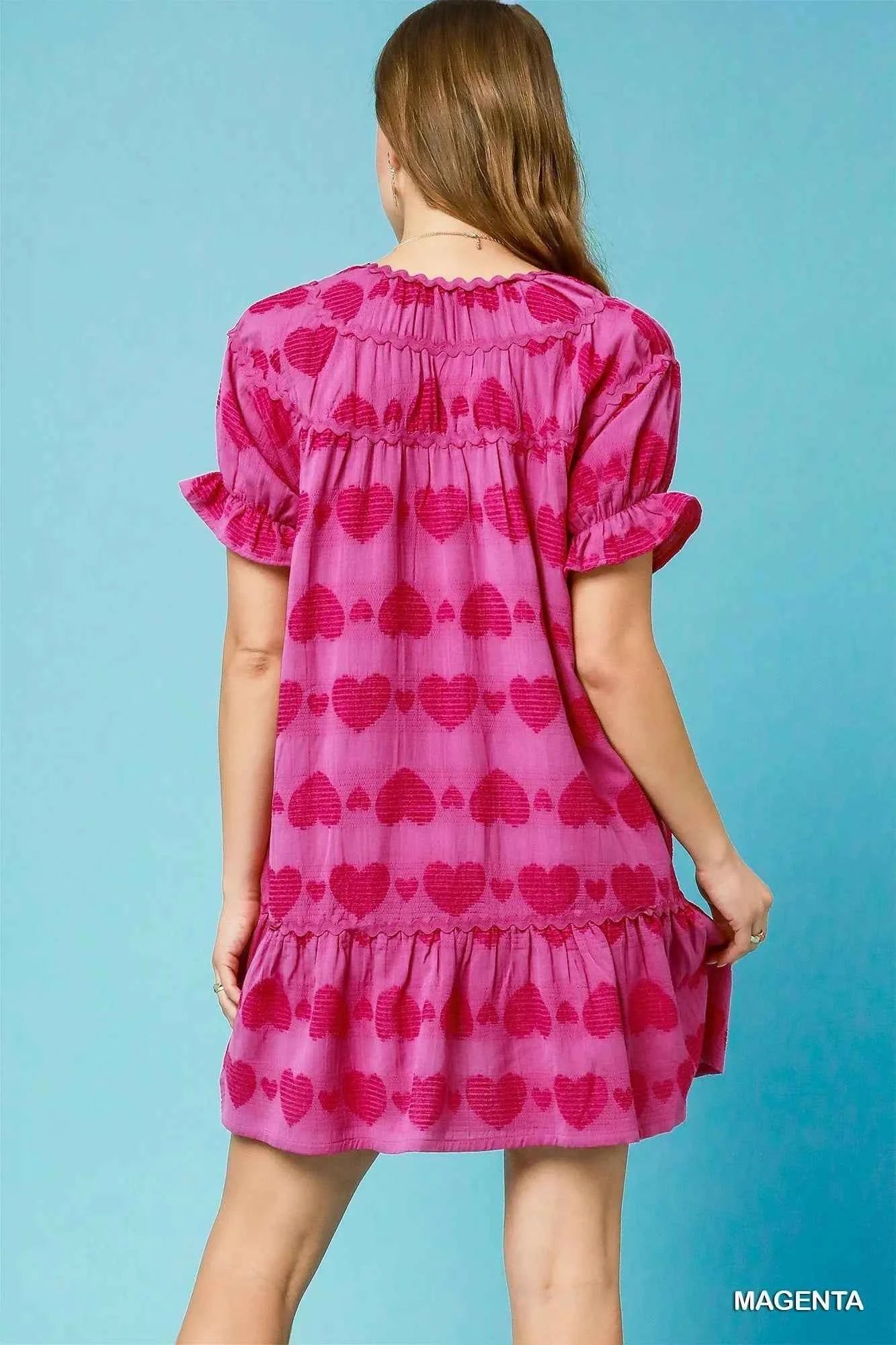 Umgee Heart Pattern Short Sleeve Ruffle Babydoll Dress 6a63031e-a457-469f-bf79-8a8ef3fb0115-Max-Origin