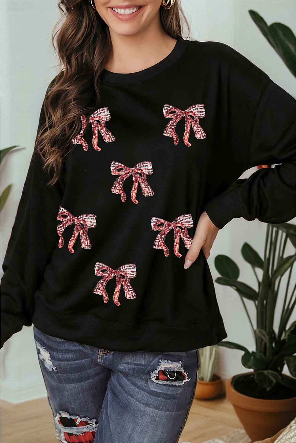 Black Christmas Fashion Sequin Ribbon Bow Patched Drop Shoulder Sweatshirt Black 50%Polyester+50%Cotton 6a6561cbb40ef32a