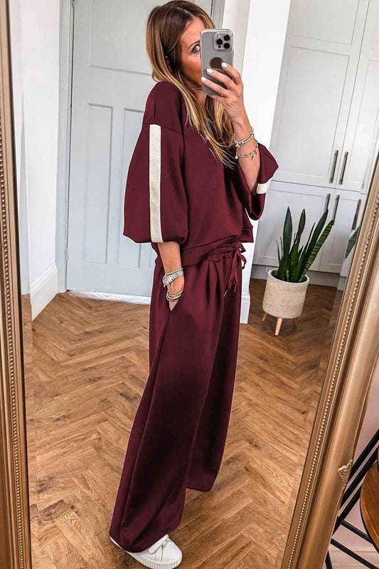 Burgundy Varsity Striped 3/4 Sleeve Pullover Drawstring Sweatpants Set 6a698a5ac204cd21