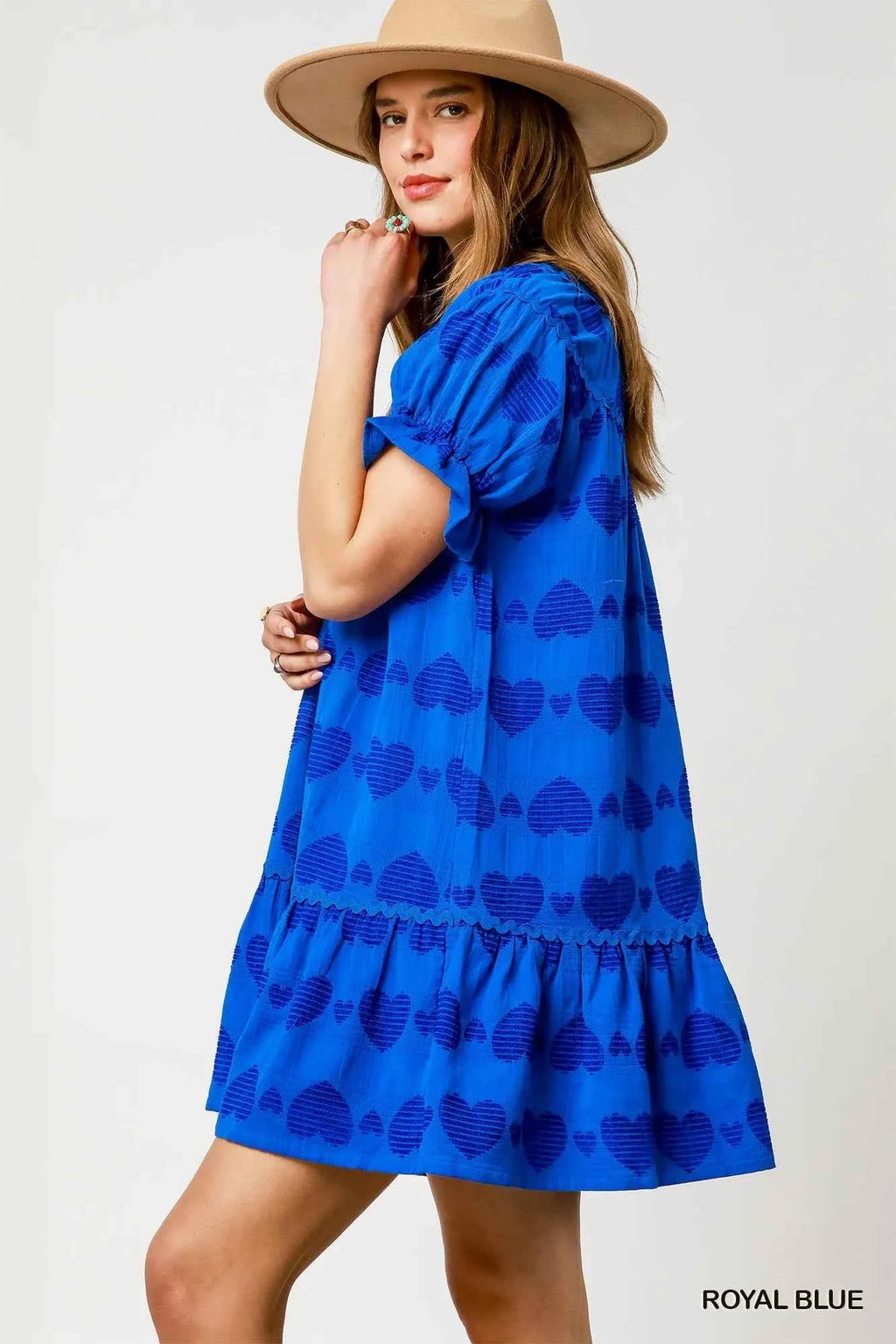Umgee Heart Pattern Short Sleeve Ruffle Babydoll Dress 6a71de07-70a6-4431-977b-44b20f845f82-Max-Origin