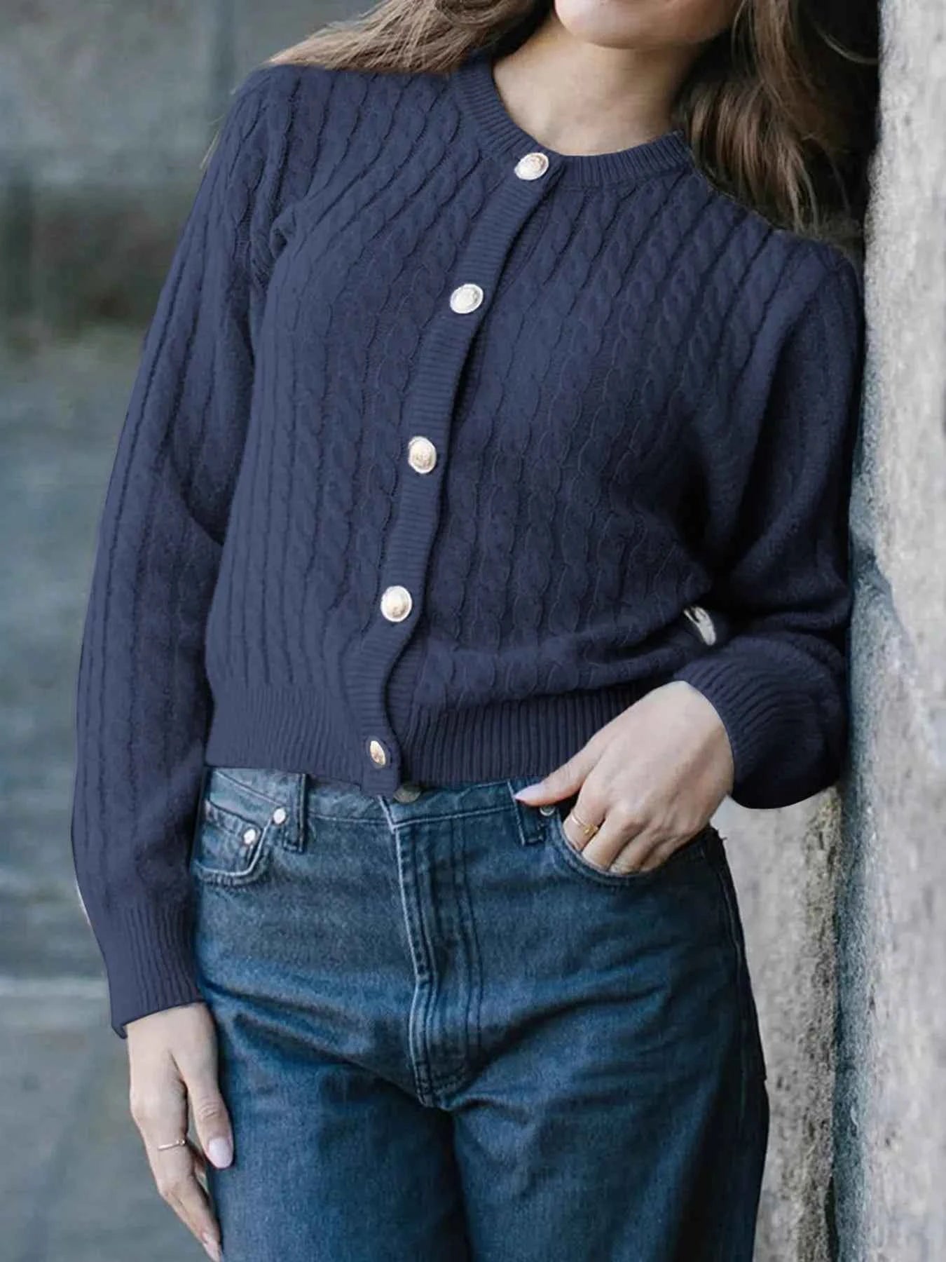 Cable Knit Button-Up Cardigan 6a753c04595440e183f07425fff4ac32-Max-Origin