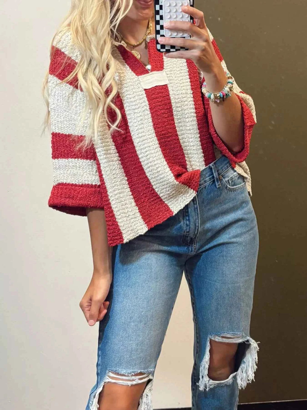 Striped Notched 3/4 Sleeve Sweater 6a79d5a5-0883-49c9-b269-838b0b0a0c78-Max-Origin