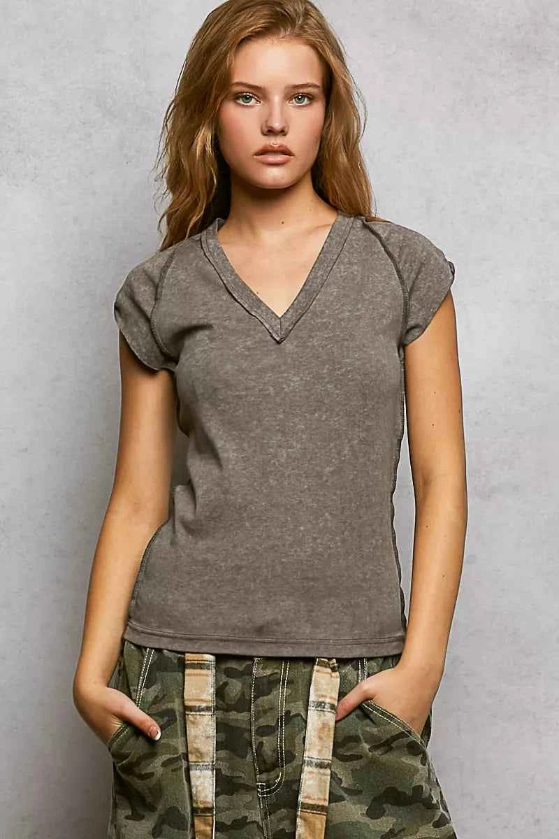 POL V-Neck Short Sleeve Washed T-Shirt with Outseam CHARCOAL 6a7c3441-b4b0-4f58-9628-d1bc10d625d4-Max-Origin