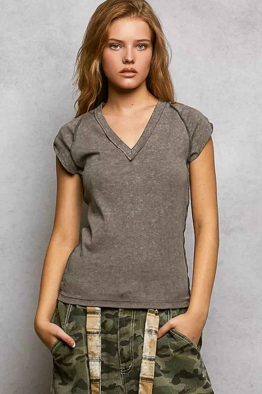 POL V-Neck Short Sleeve Washed T-Shirt with Outseam CHARCOAL 6a7c3441-b4b0-4f58-9628-d1bc10d625d4-Max-Origin