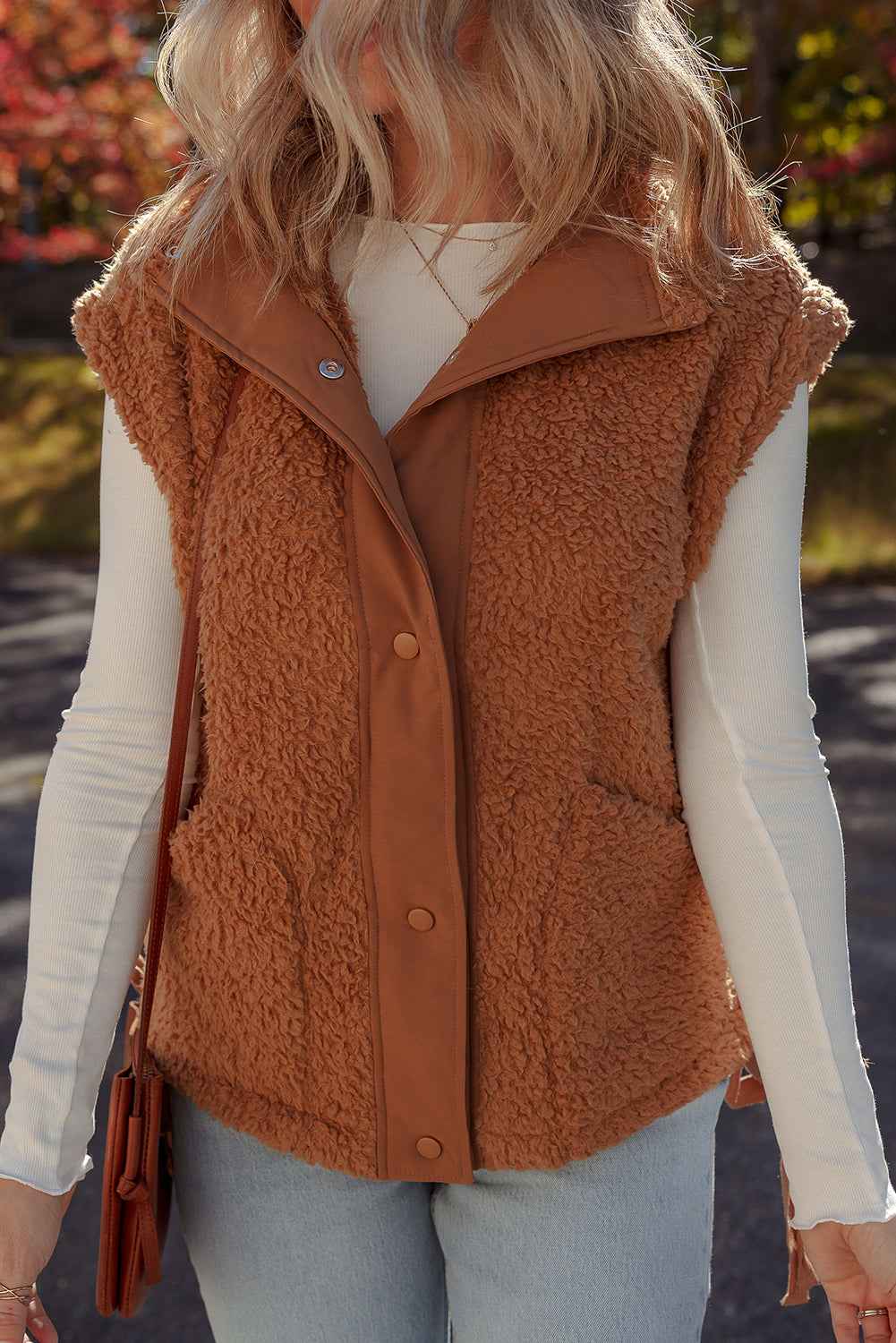 Beige Faux Fur Snap Button Front Knot Side Plush Vest 6a7c57e668e31695