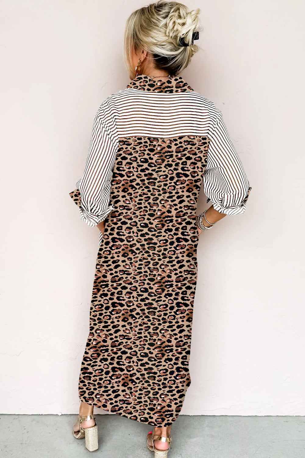 Brown Stripe Contrast Leopard Patchwork Shirt Dress 6a87ad6e9971e9bc