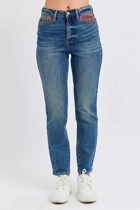 Judy Blue Full Size HW Plaid Patch Slim Fit Jeans Plus Size MD 6a8a8cf8f43e4efe8ee6f4c8e1e1e349-Max-Origin