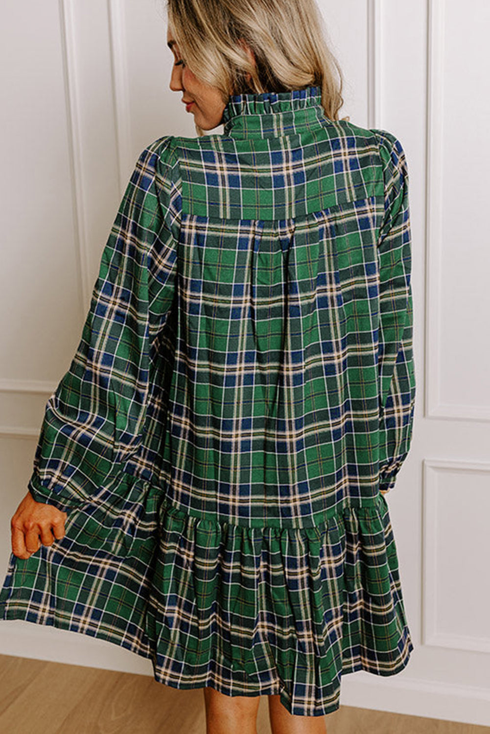 Green Plaid Print Frill Neck Long Sleeve Mini Dress 6a8b18f38640c6ef
