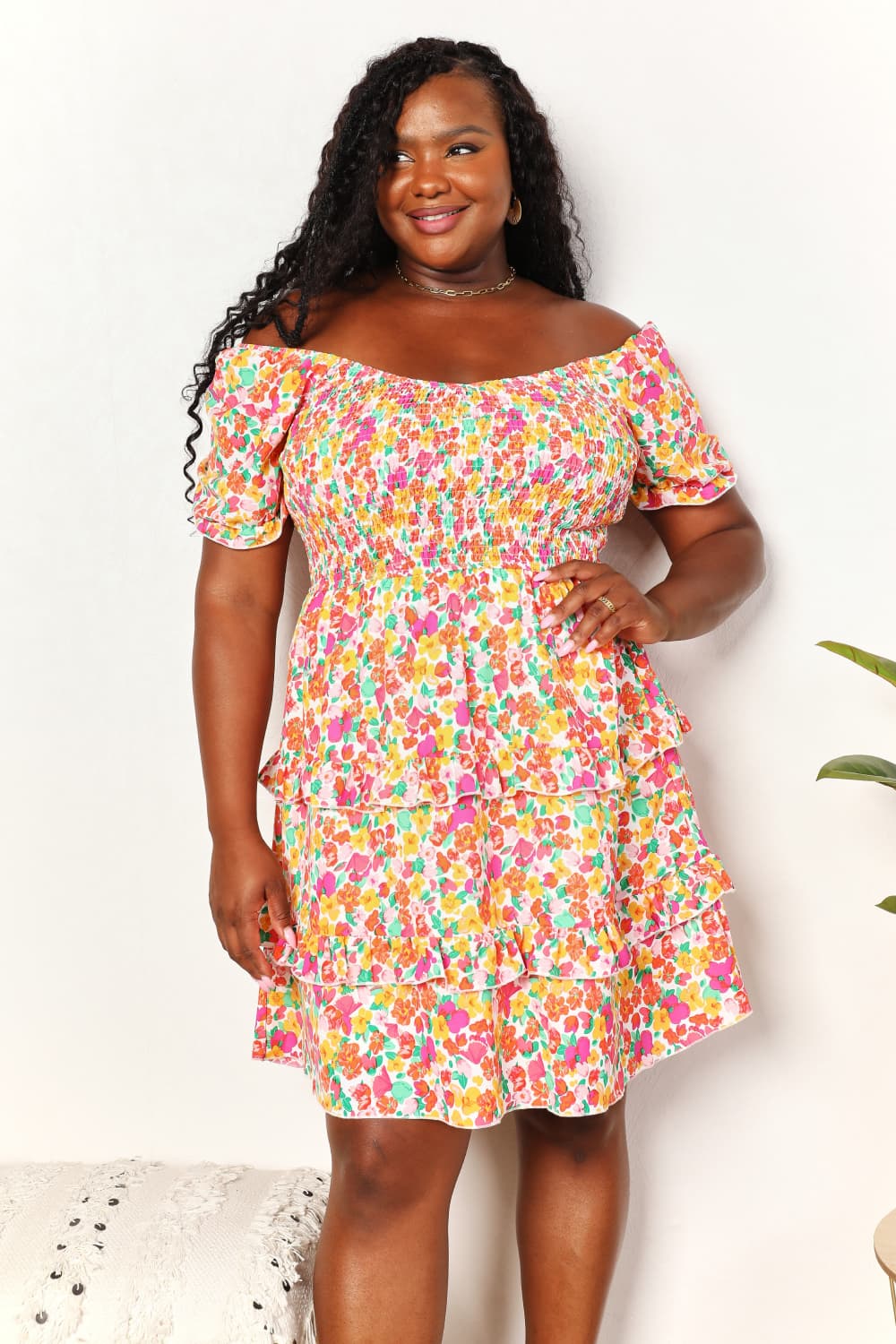 Devine Smocked Sweetheart Neck Flounce Sleeve Mini Dress 6a929f428f454a3cac921c2c166ad585-Max