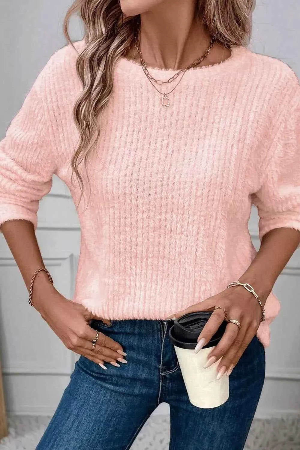 Fuzzy Ribbed Texture Round Neck Long Sleeve Top Watermelon pink 6a93e54a-6e03-47f1-9761-5a62daa3d4f1-Max-Origin