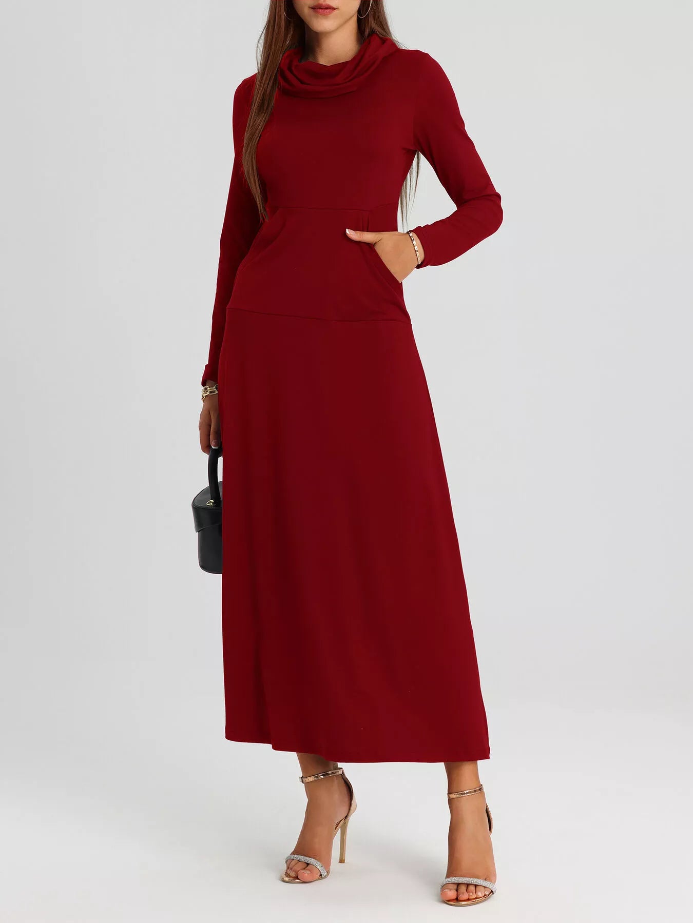 Cowl Neck Long Sleeve Midi Dress Burgundy 6a990a42aff74208bfd207285c197637-Max-Origin