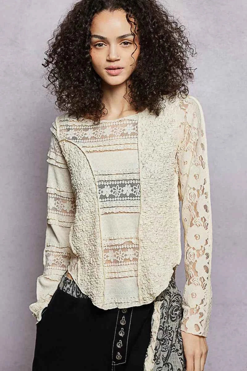 POL Round Neck Long Sleeve Exposed Seam Top with Lace Detail 6aa0170b-a56d-4e7d-a82a-672d6ca598d7-Max-Origin