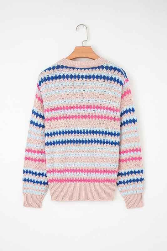 Stripe Eyelet Knit Drop Shoulder Sweater 6aa561bf-54ba-40a2-b41b-71c478fdb389