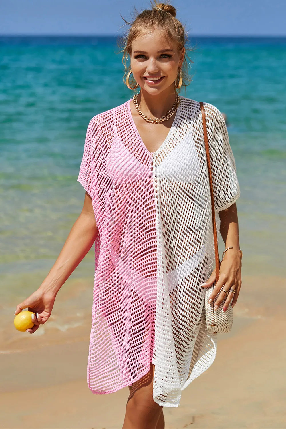 Angel Wings Openwork Contrast Slit Knit Cover Up Blush Pink One Size 6aae9204-4520-4943-942f-01c1943200c5-Max