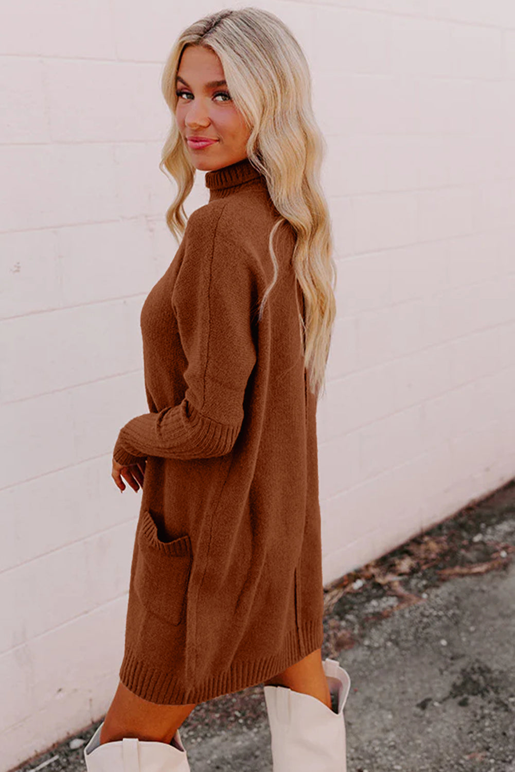 Chestnut Ribbed High Neck Front Pockets Center Seam Shift Sweater Dress 6aaf3bda308a2ef4