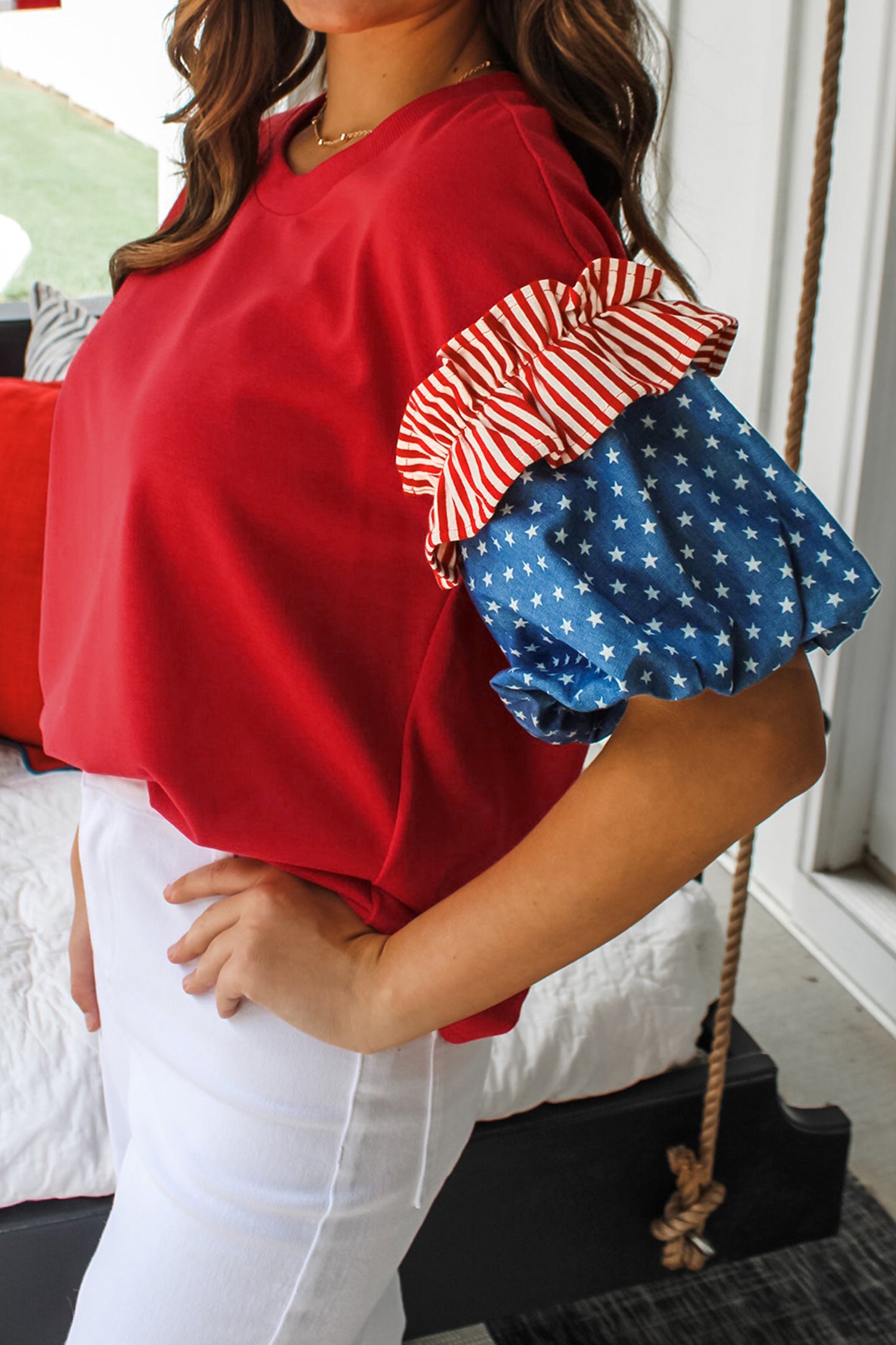 Fiery Red Stars Stripes Short Puff Sleeve Top 6aafca53ead2ed15