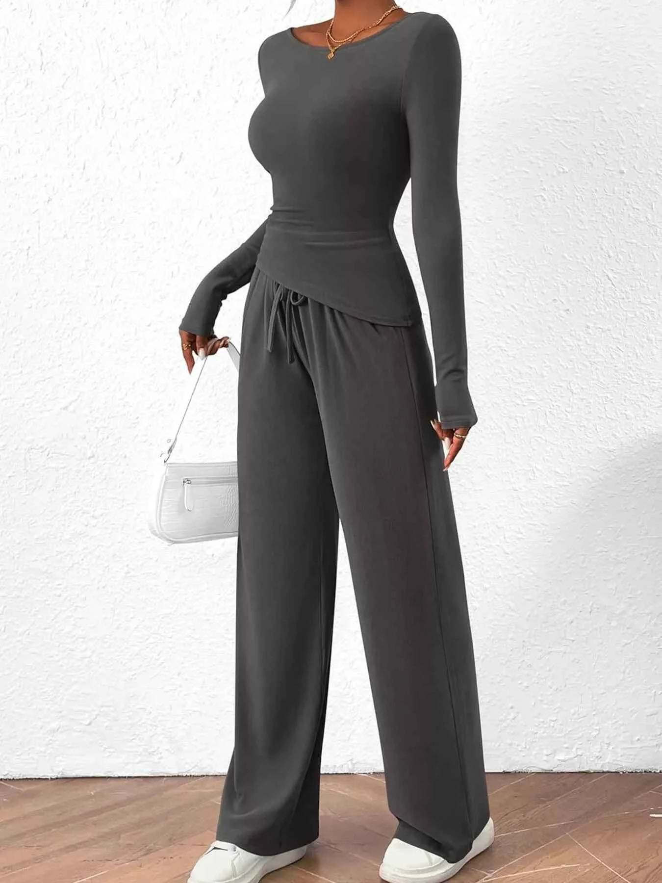 Long Sleeve Top and Wide Leg Pants Set 6ab891f8c5ab468d9595416f75d80806-Max-Origin