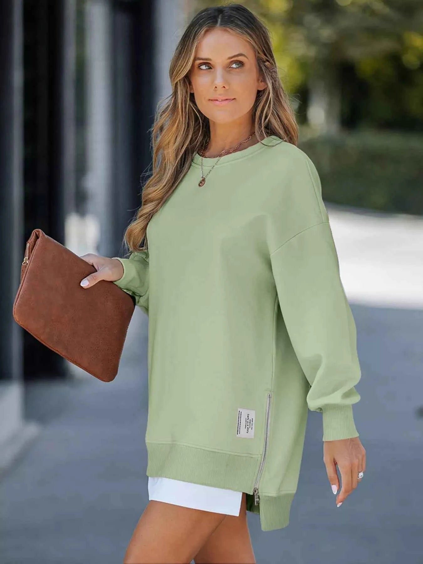 Side Slit Round Neck Long Sleeve Sweatshirt