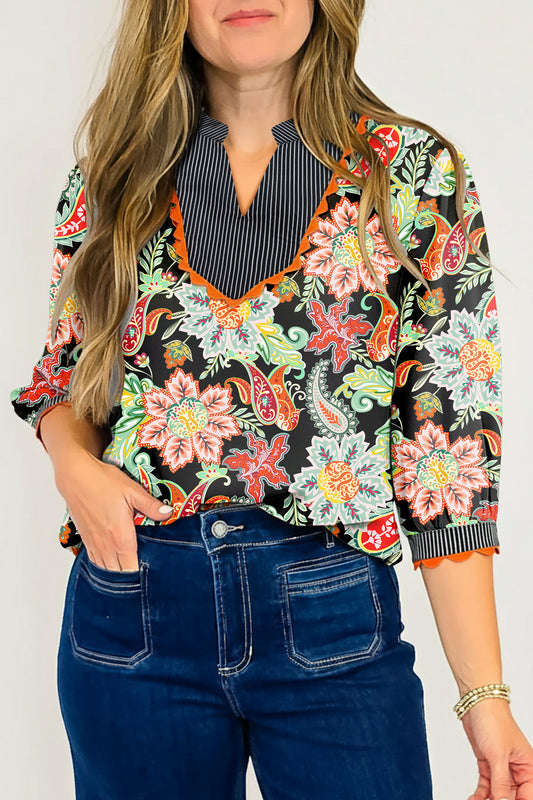 Black Contrast Ricrac Trim Striped Edge Patchwork Floral Print Blouse Black 100%Polyester 6abb581231ff8d3a