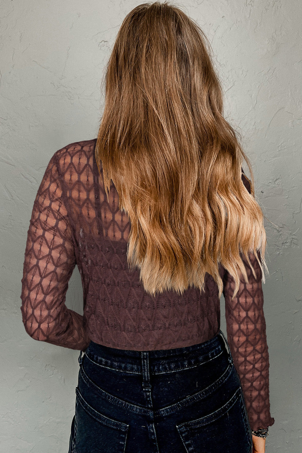 Coffee Sheer Mesh Lettuce Trim Slim Long Sleeve Top 6abbbf5691a4865b