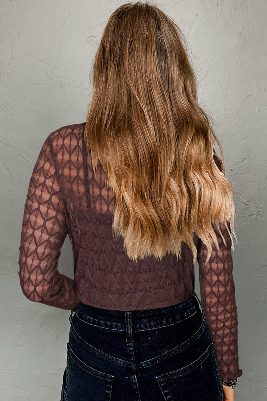 Coffee Sheer Mesh Lettuce Trim Slim Long Sleeve Top 6abbbf5691a4865b