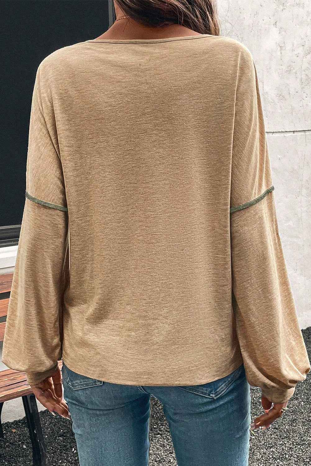 Sail Blue Exposed Stitching Colorblock V Neck Long Sleeve Top 6abc23d74ea2b025