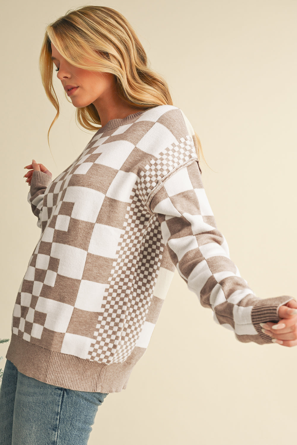 Black Checkered Drop Shoulder Round Neck Sweater 6abd8fdcb28338f0