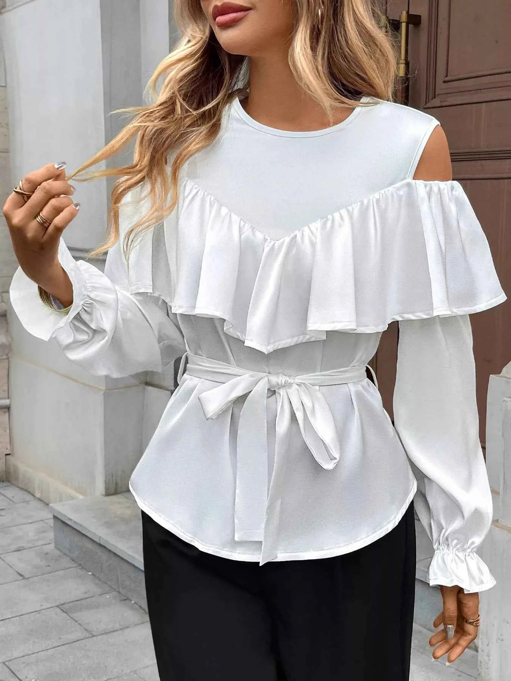 Ruffled Cold Shoulder Flounce Sleeve Blouse White 6abe256eb2fc4930bde26ccc221647da-Max-Origin