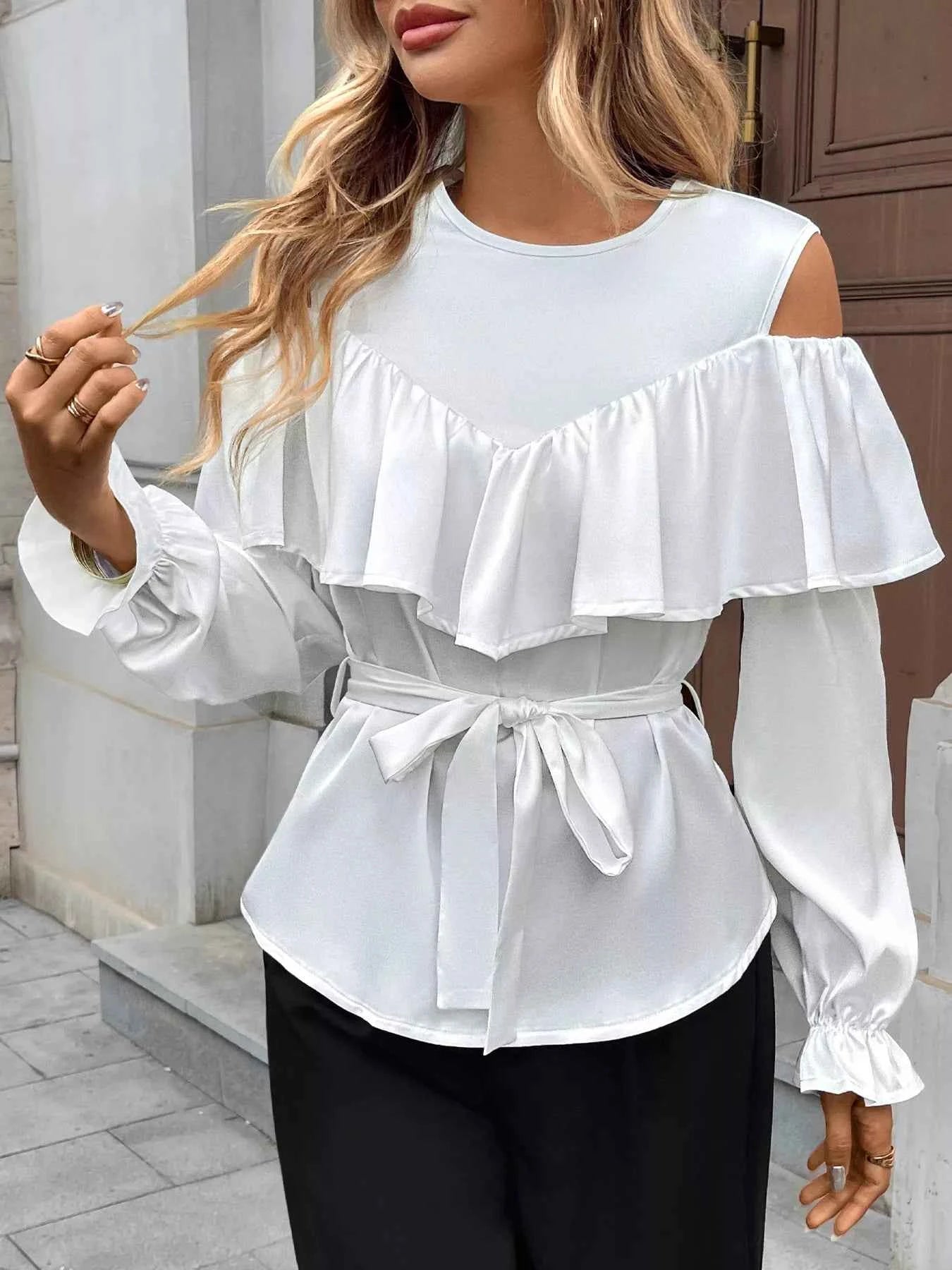 Ruffled Cold Shoulder Flounce Sleeve Blouse White 6abe256eb2fc4930bde26ccc221647da-Max-Origin