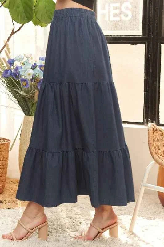 ADORA Waist Band Tiered Denim Maxi Skirt 6abf73c7c8564f6d8bf5ccb61d8aad21-Max-Origin