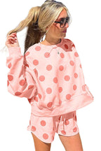 Sky Blue Polka Dot Print Drop Shoulder Pullover Drawstring Shorts Set 6ac5e94b78409d8c