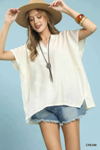 Umgee Flowy V-Neck Short Sleeve Blouse CREAM 6ac69e91-96c9-42e3-9a04-46dc01fa6066-Max
