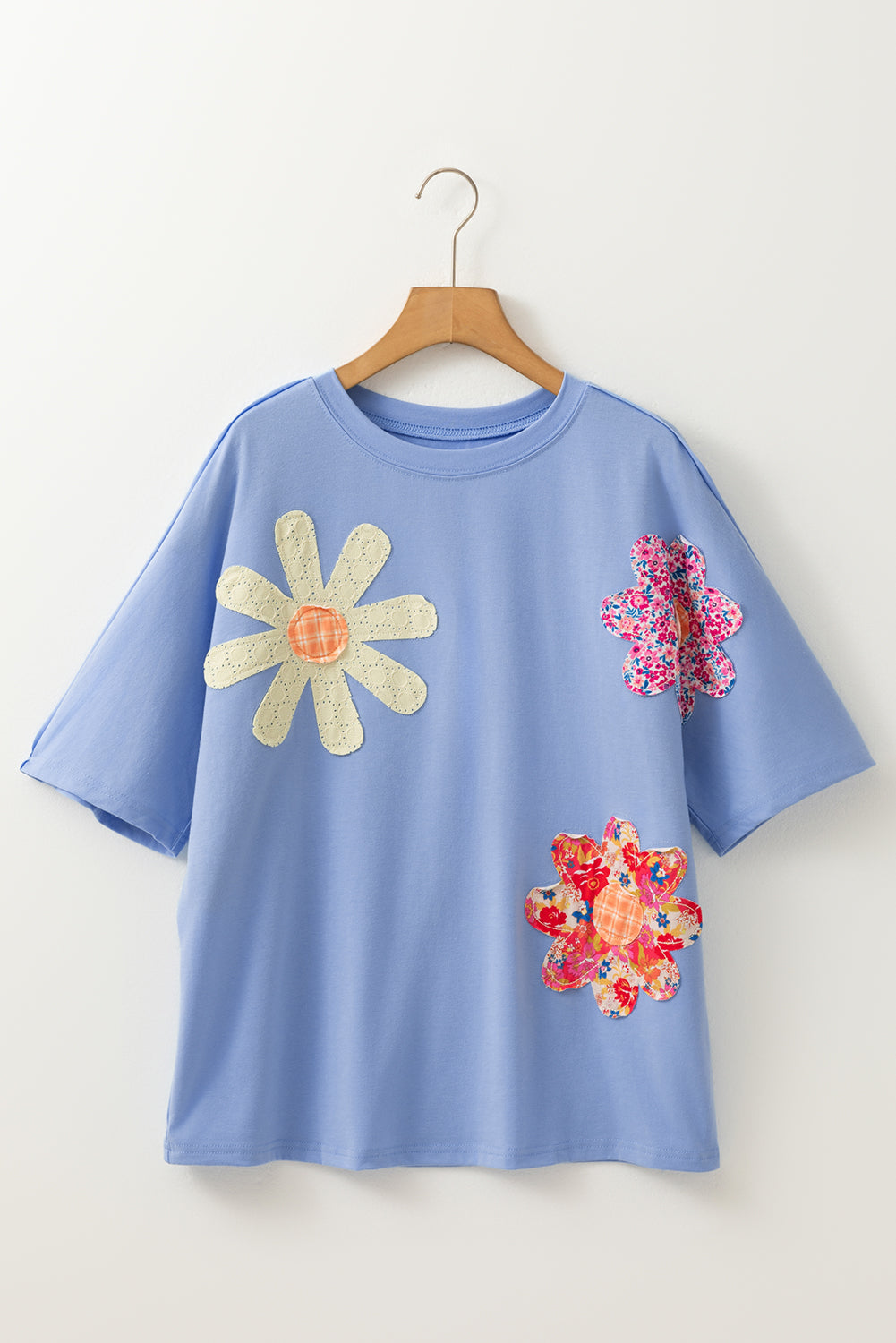 Sky Blue Flower Patched Exposed Stitching Trim Loose Tee 6ad41b30a130f49d