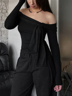 Off-Shoulder Tie-Front Long Sleeve Blouse 6ad504a7-af6d-4000-bd37-4651bc4314d1-Max