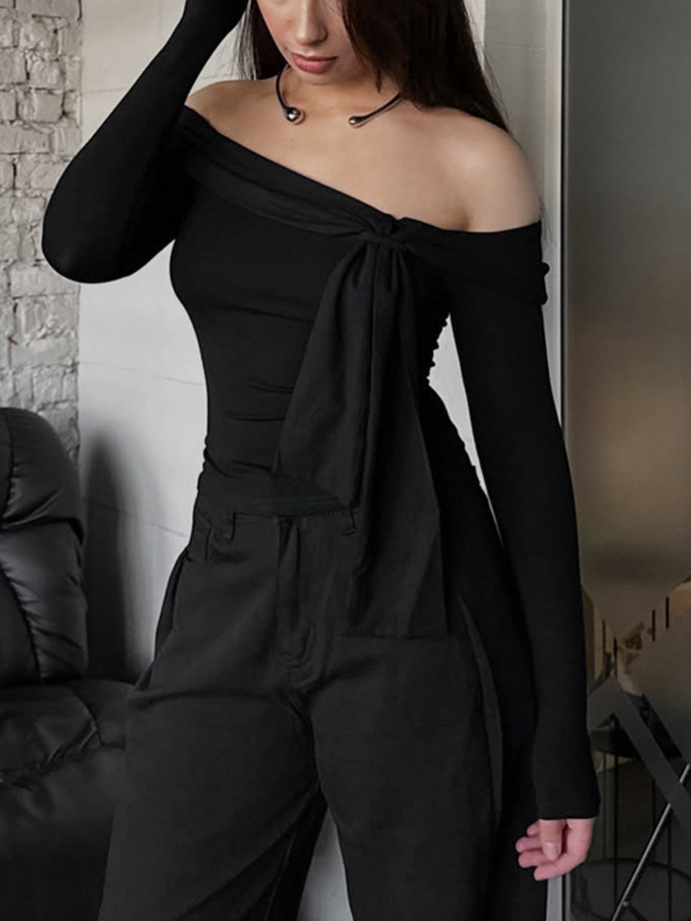 Off-Shoulder Tie-Front Long Sleeve Blouse 6ad504a7-af6d-4000-bd37-4651bc4314d1-Max