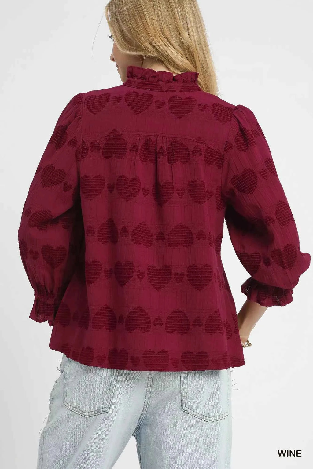 Umgee Heart Jacquard Ruffle Trim Shirt 6adc86b0-9150-46b6-b659-c1fb09c85cfe-Max-Origin
