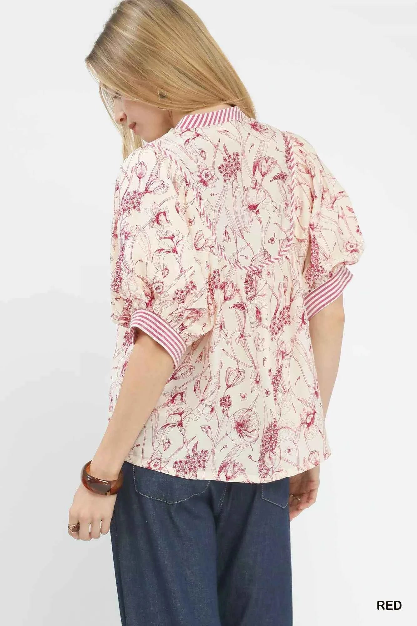 Mixed Print Puff Sleeve Split Neck Top 6add1842-cbad-46ad-9bc3-41751207a719-Max-Origin