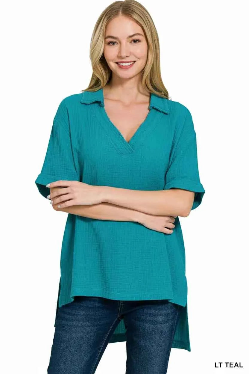 Zenana Double Gauze Short Sleeve High-Low Top 6ade08be-1a69-4ae2-9849-934348f9dbe1-Max-Origin