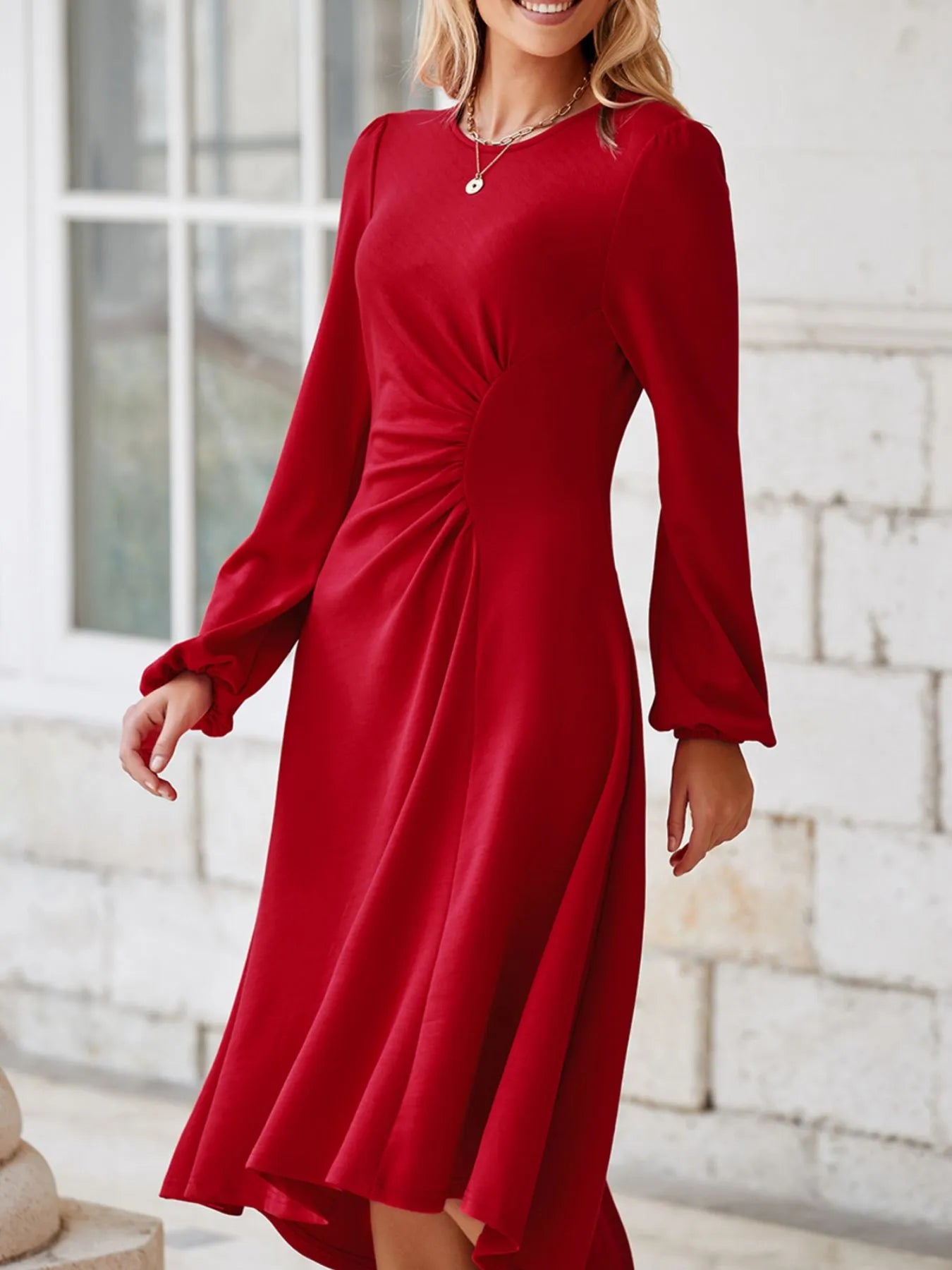 Solid Color Ruched Detail Long Sleeve Midi Dress 6ae22f6a-82b1-40c6-8832-0aa6074d8e2c-Max-Origin