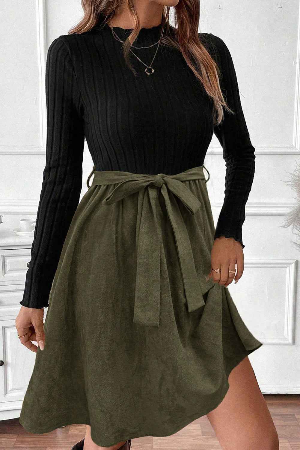 Black Ribbed Knit Slim Bodice Contrast Flared Skirt Patchwork Belted Dress 6ae9f9b773ea48d5